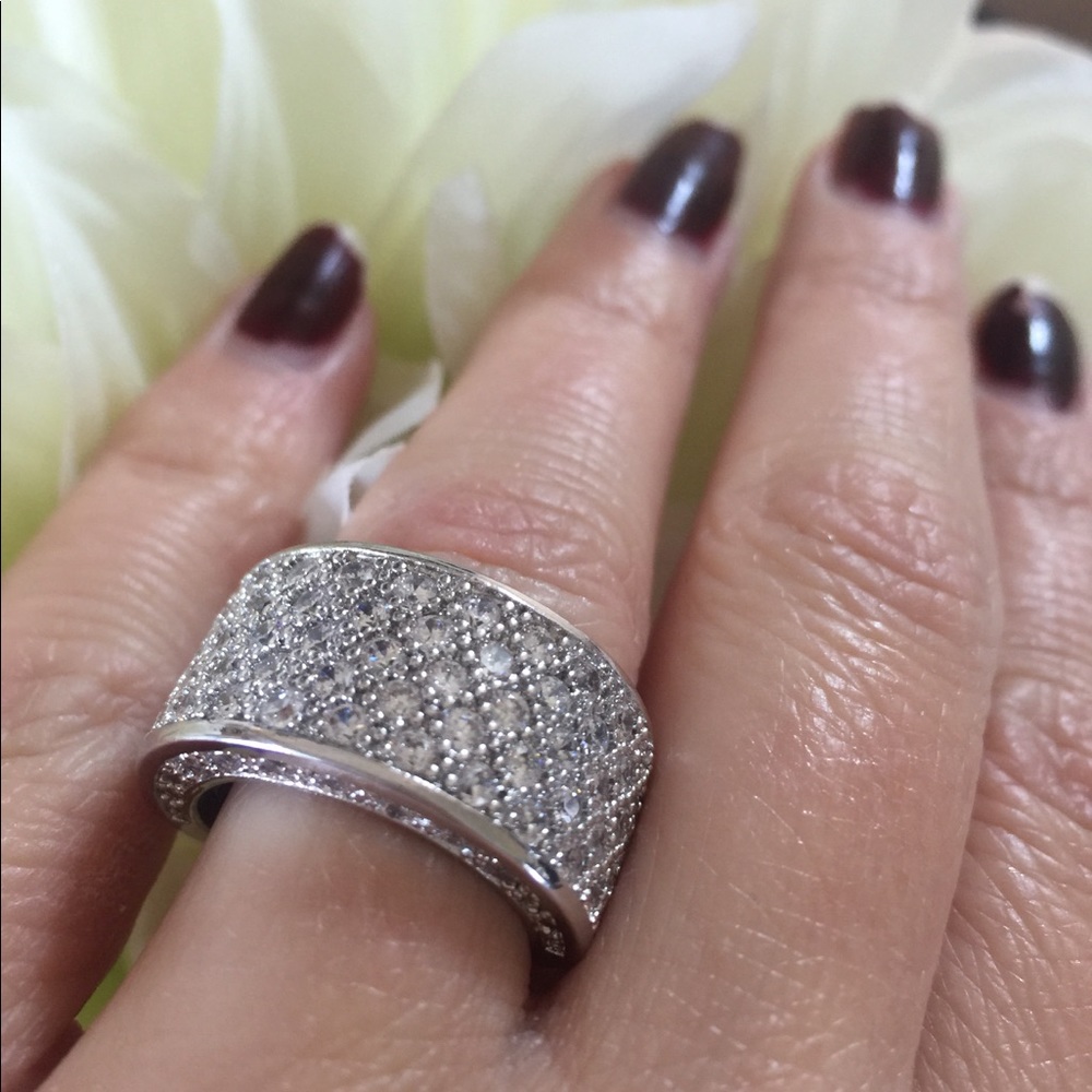 Pave Wide Band White Topaz Diamond Ring - Picture 4 of 5