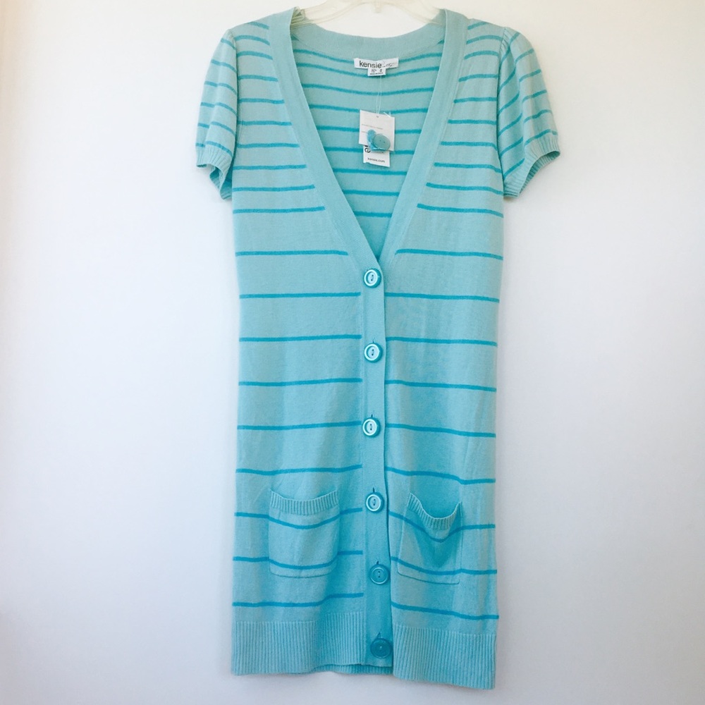 NEW Kensie Blue Striped Short Sleeve Long Cardigan