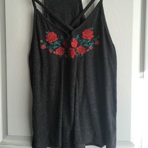 Gray rose embroidered tank