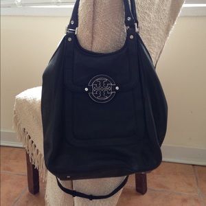 Tory Burch large plush black leather hobo