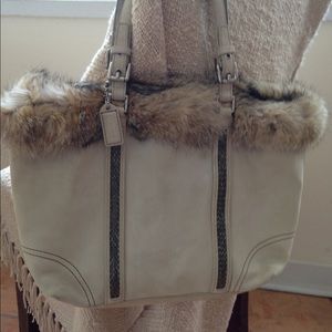 Coach fur trimmed cream suede handbag
