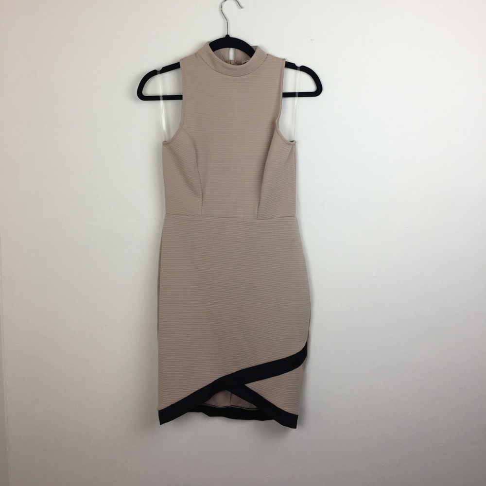 Knee Length Tan Sleeveless Dress With Black Hem