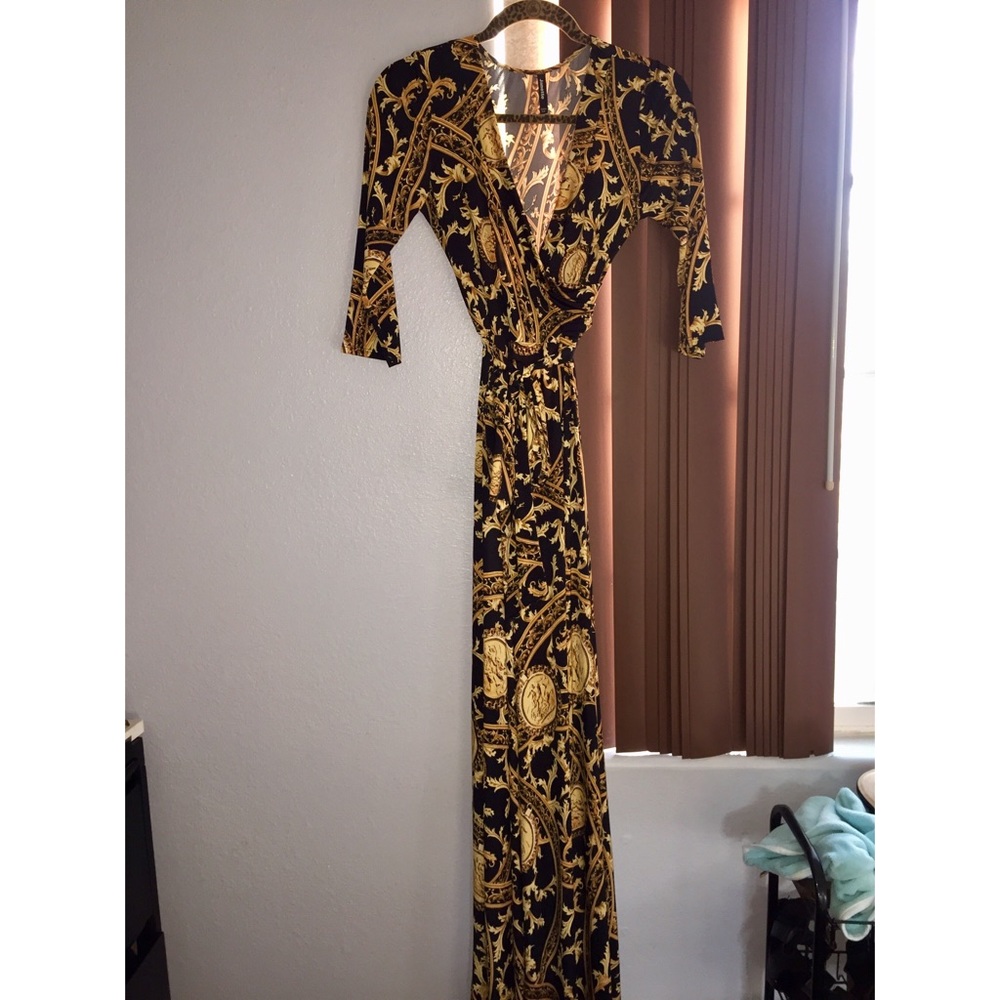 versace print deep v cut long dress
