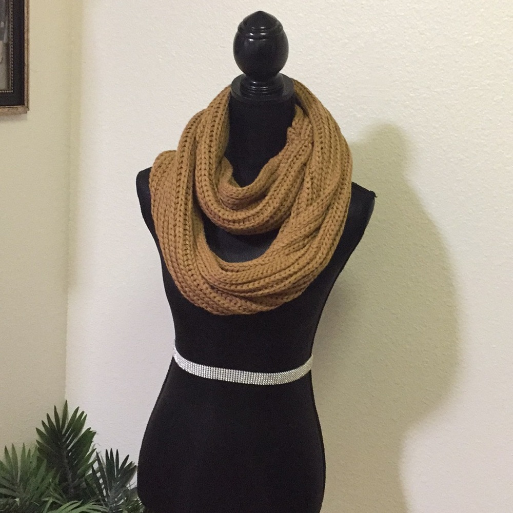 Mustard knit infinity scarf.