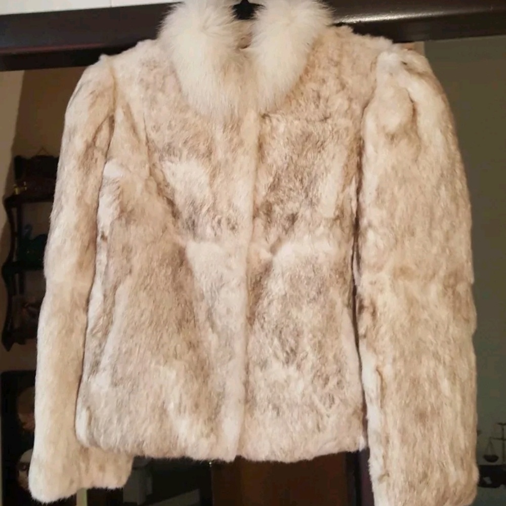 Vintage White tan fox rabbit fur coat jacket sz M