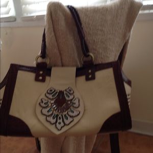 Beautiful cream & brown leather pet carrier.