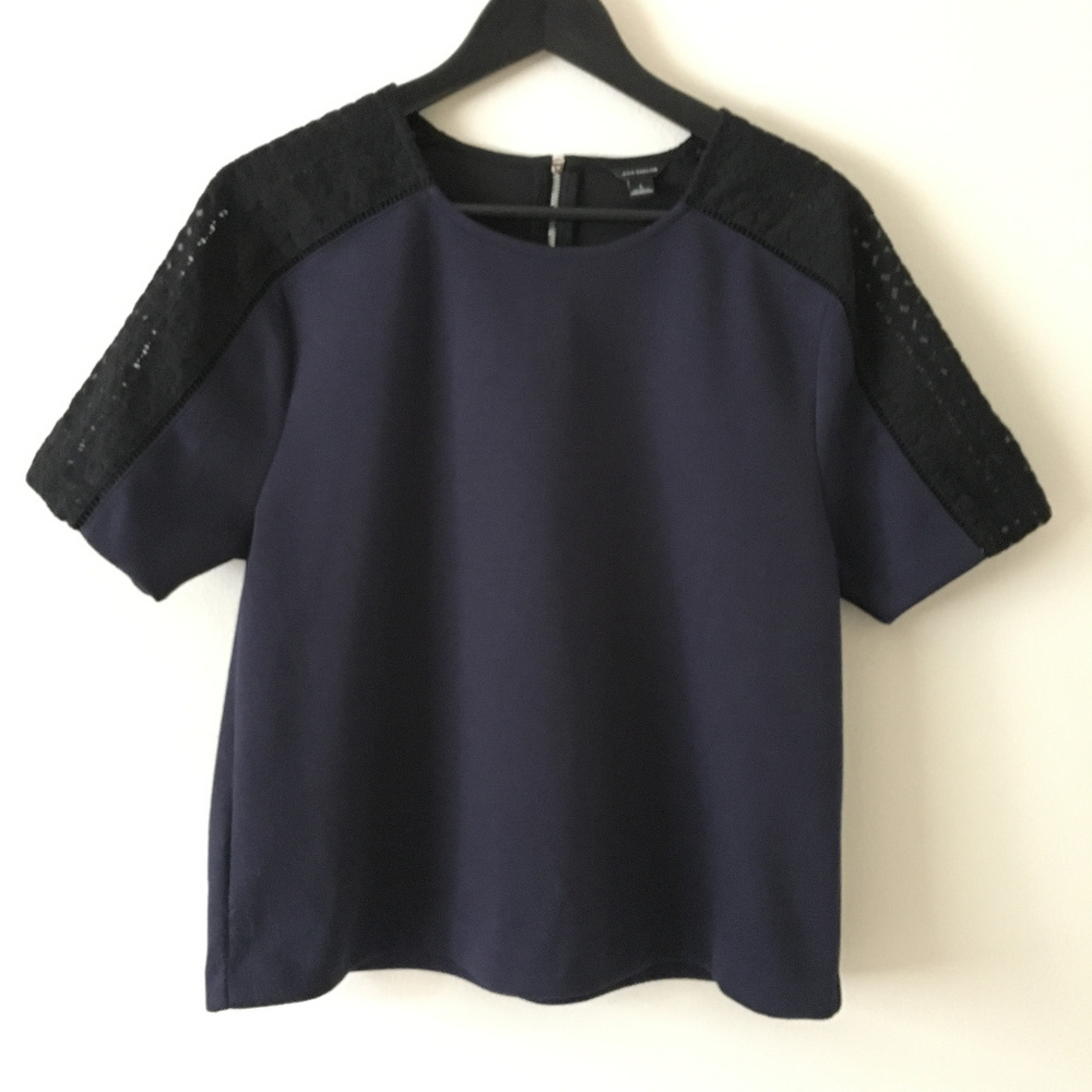 Ann Taylor Ponte Shirt with Lace Inset Sleeves