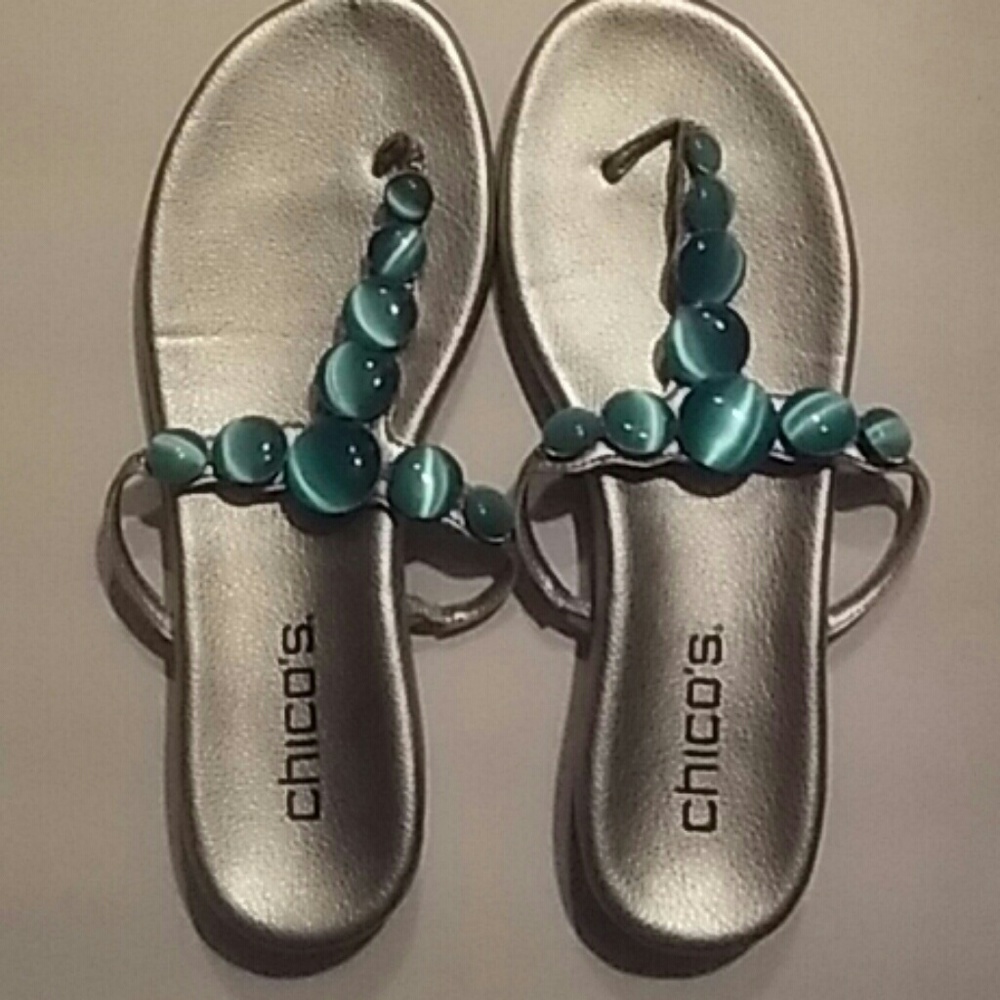 Chicos Silver Turquoise Flip Flop Sandal Size 6M