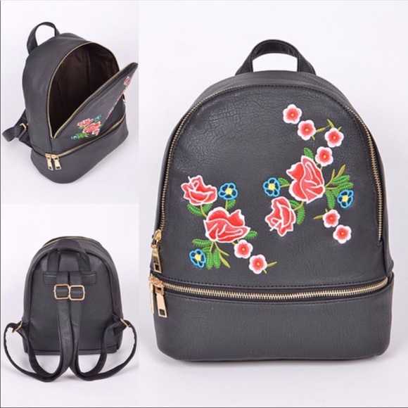 Pink Haley Handbags - Black embroidered backpack