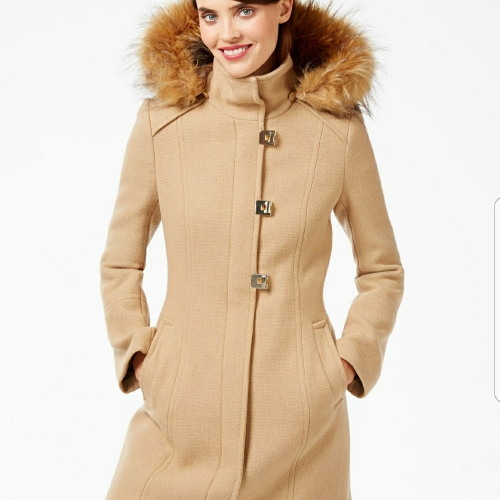 Calvin Klein faux fur trim, turn lock walker coat