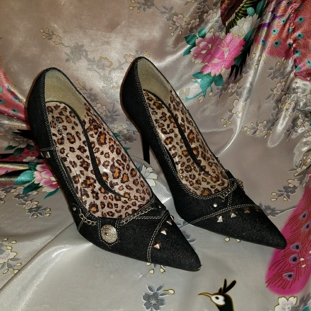 Qupid Denim 4.5" heel denim stilettos w/studs