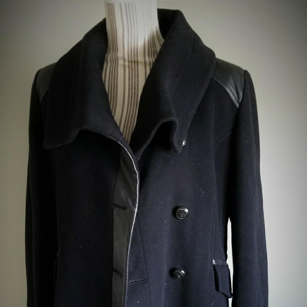 Cole Haan black coat, faux leather trim