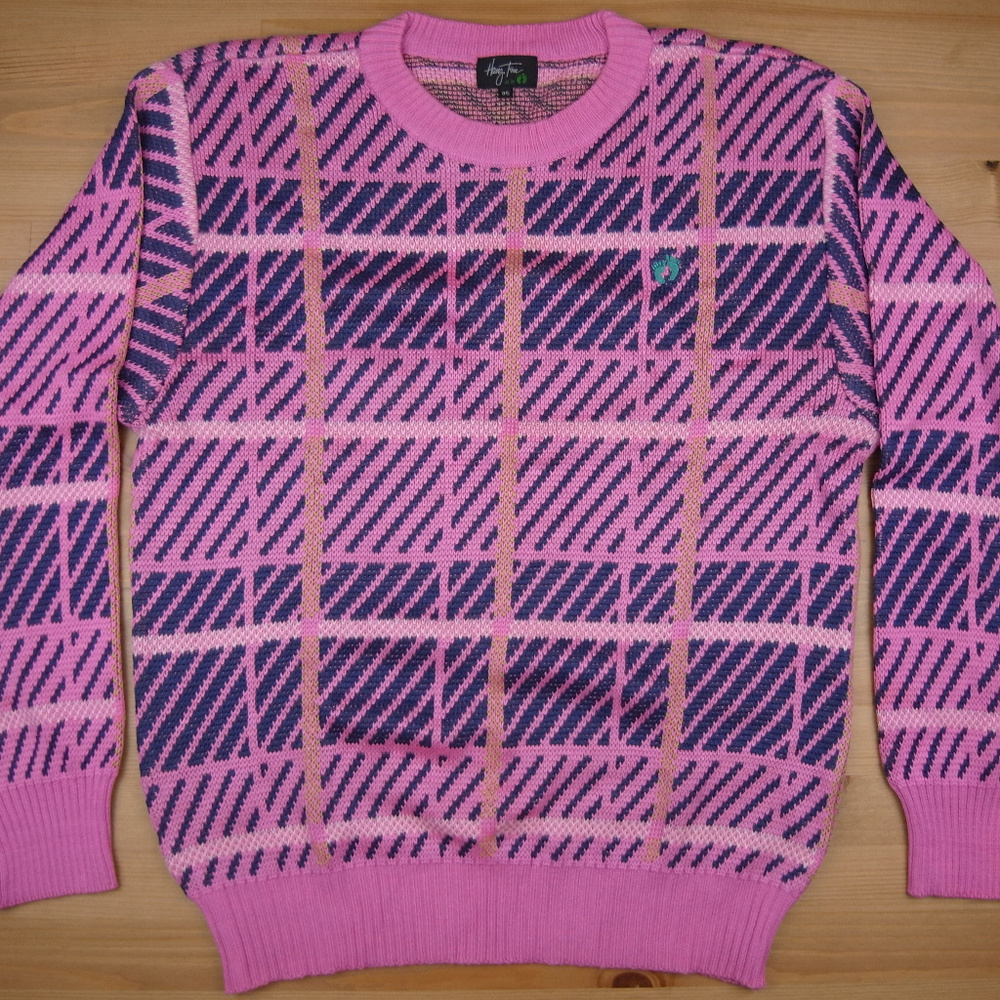 Hang Tan M Pink Navy Diagonal Lines Retro Sweater