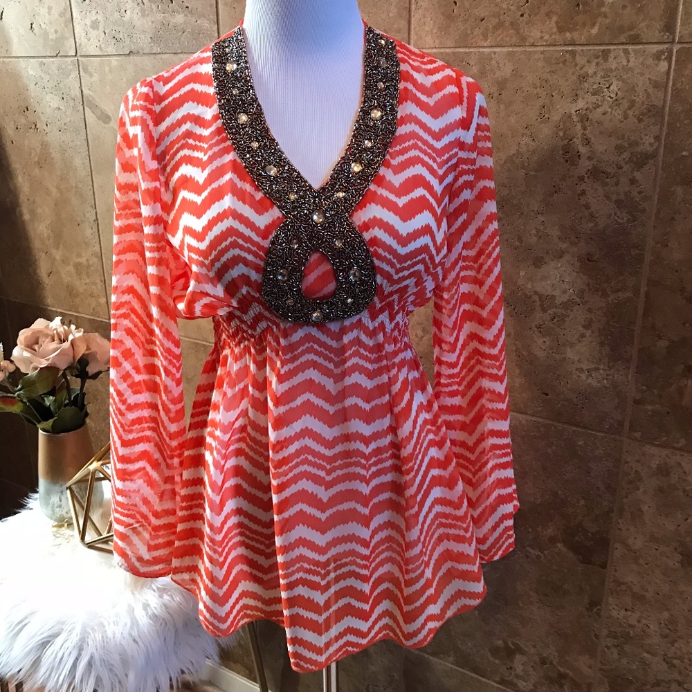 Orange Chevron Tunic with Beaded V-Neck XS
