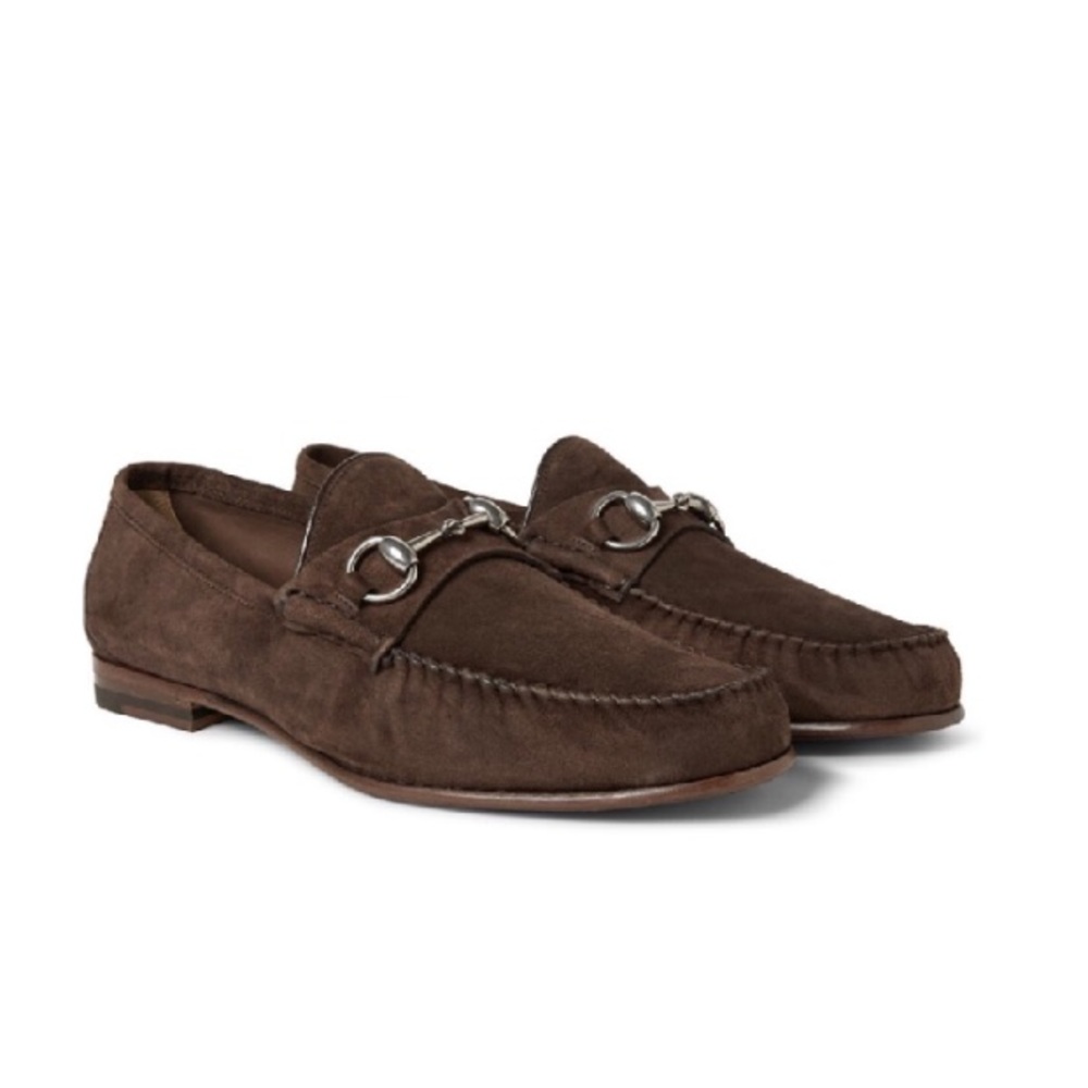 Gucci brown horsebit suede loafers.
