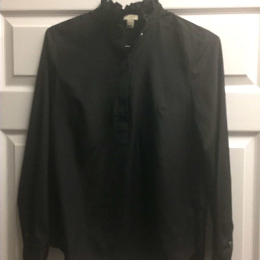 J. Crew Silk Ruffle Collar Black Shirt
