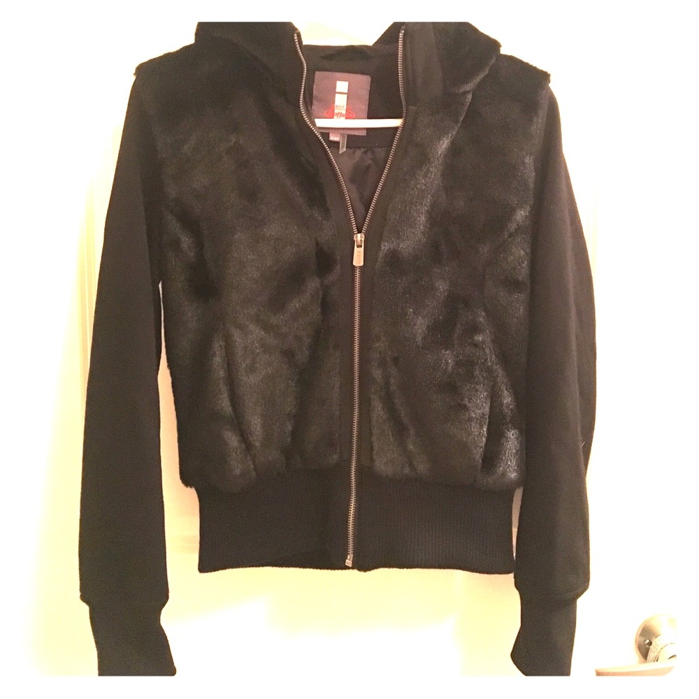 Black faux fur hoodie zip jacket ijeans by buffalo