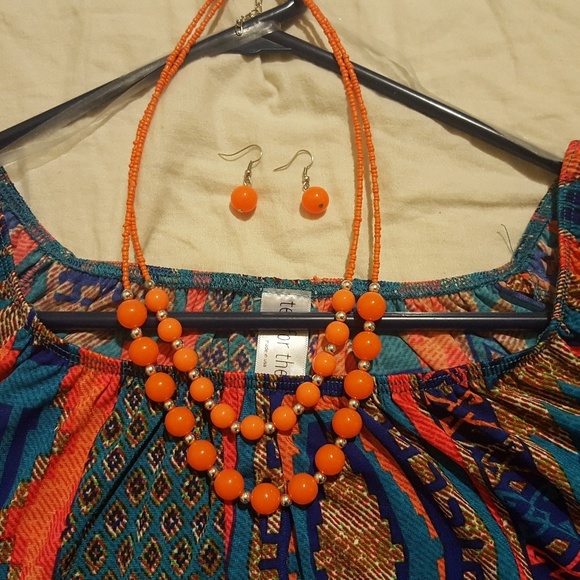 Orange and Silver beaded necklace and earring set - Picture 1 of 2