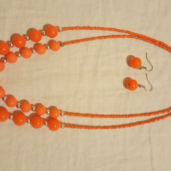 Orange and Silver beaded necklace and earring set - Picture 2 of 2
