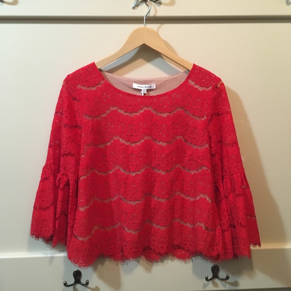 LAST CHANCE Rose and Olive lace bell sleeve top.