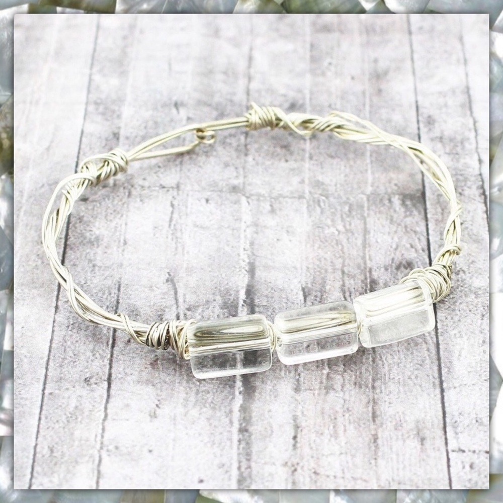 TWISTED SILVER WIRE BANGLE BRACELET CLEAR STONES