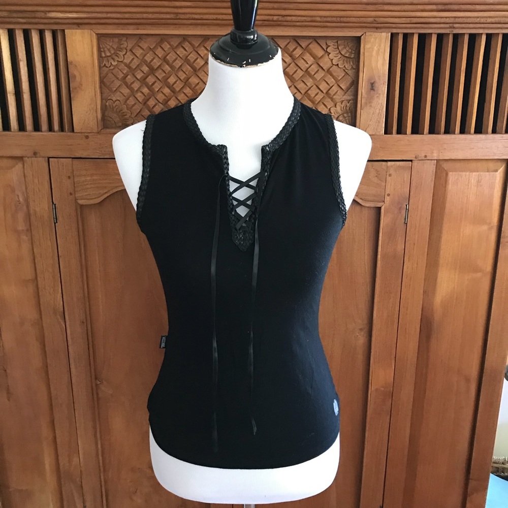 Moschino Black Leather-trimmed Lace Top