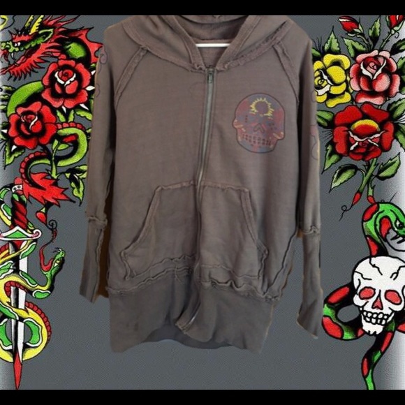 ☠️ ED HARDY Sugar Skull Distressed Long Hoodie! - Picture 1 of 6