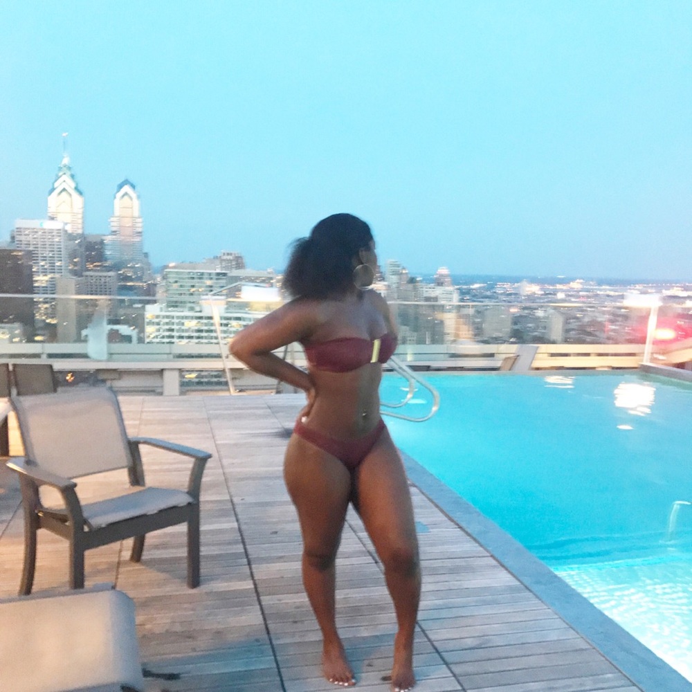 Strapless burgundy bikini with gold metallic