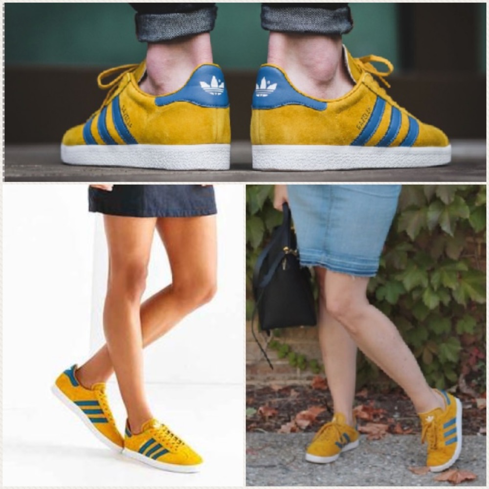 Blue and yellow adidas, dragon.
