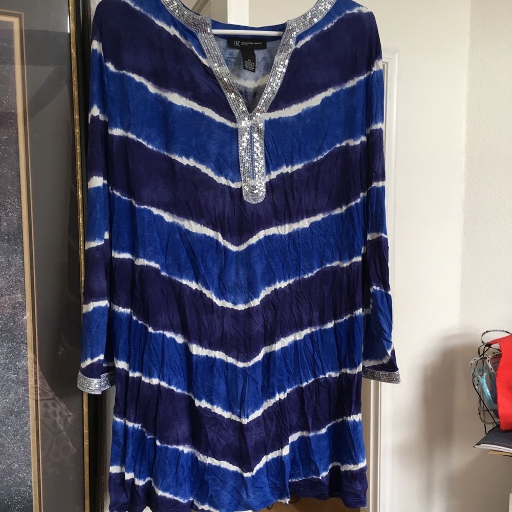 INC Macy’s blue tunic with silver sequins/ beading