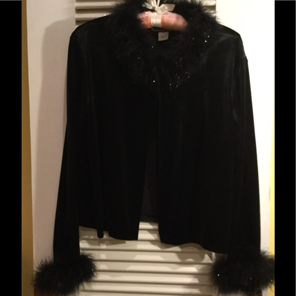 Festive Black Velvet Maribou Trim Jacket