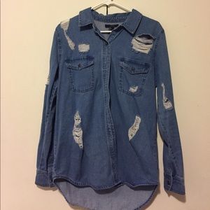 Distressed denim button shirt