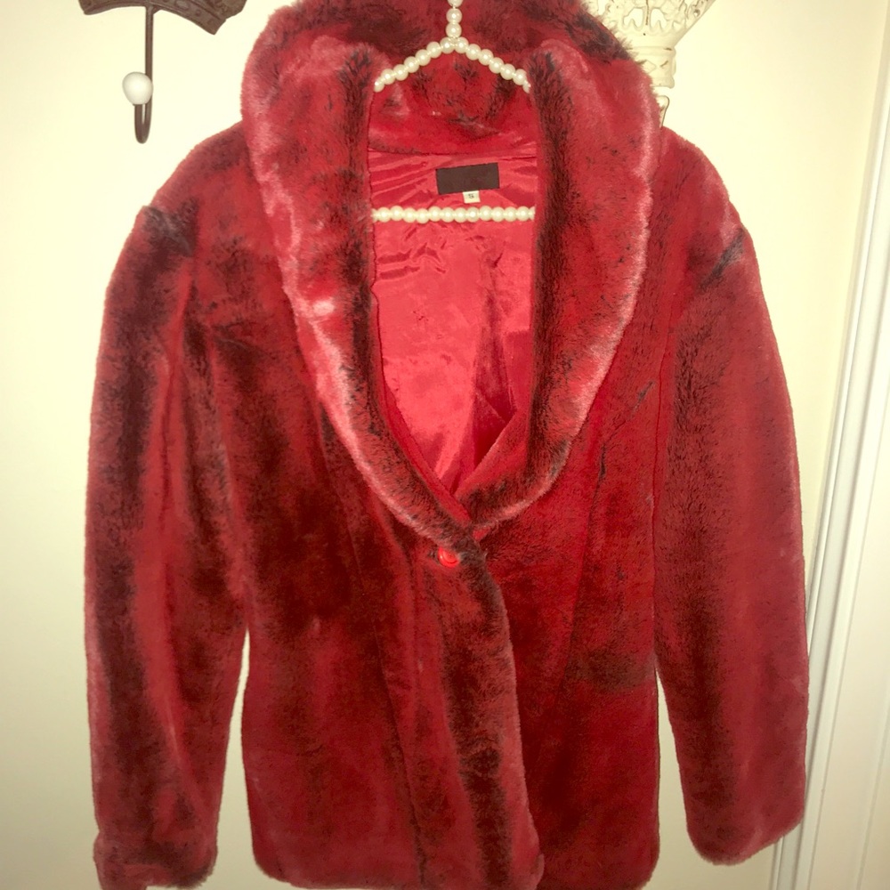Red faux fur coat