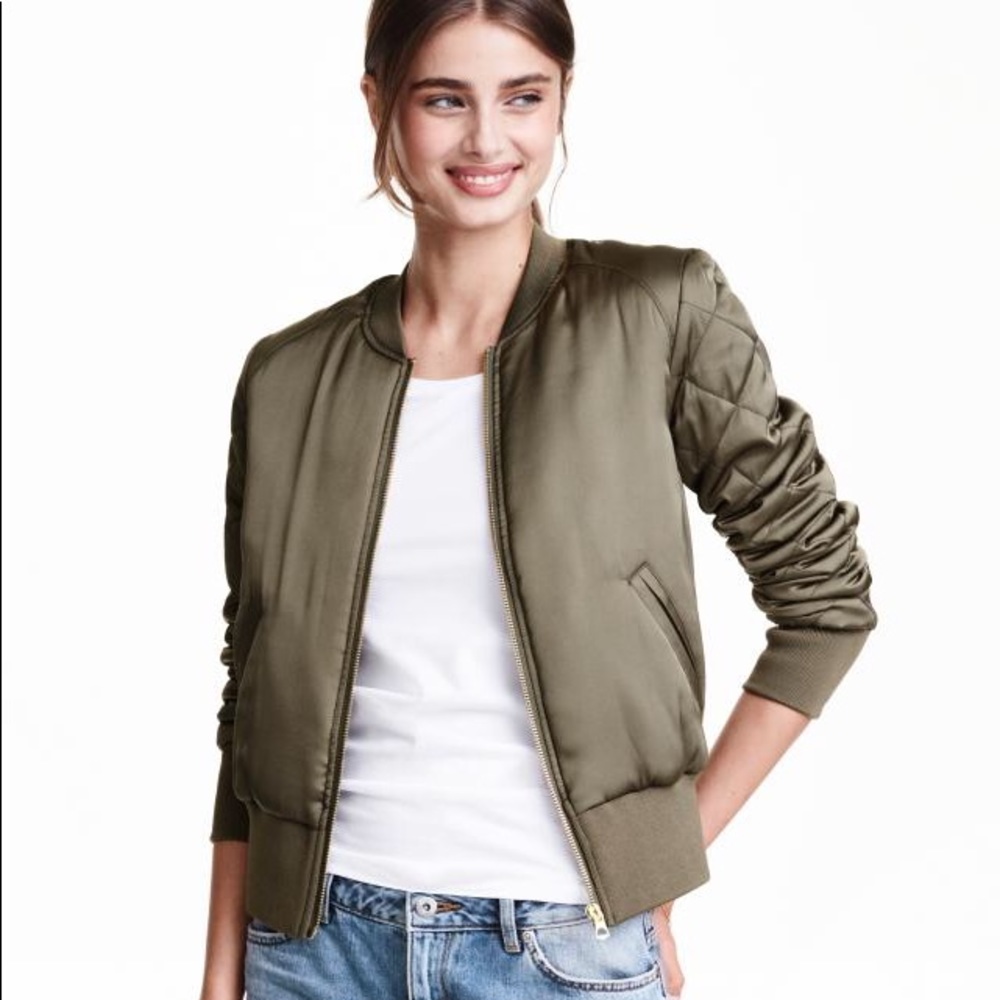 H&M Green Satin Short Bomber Jacket