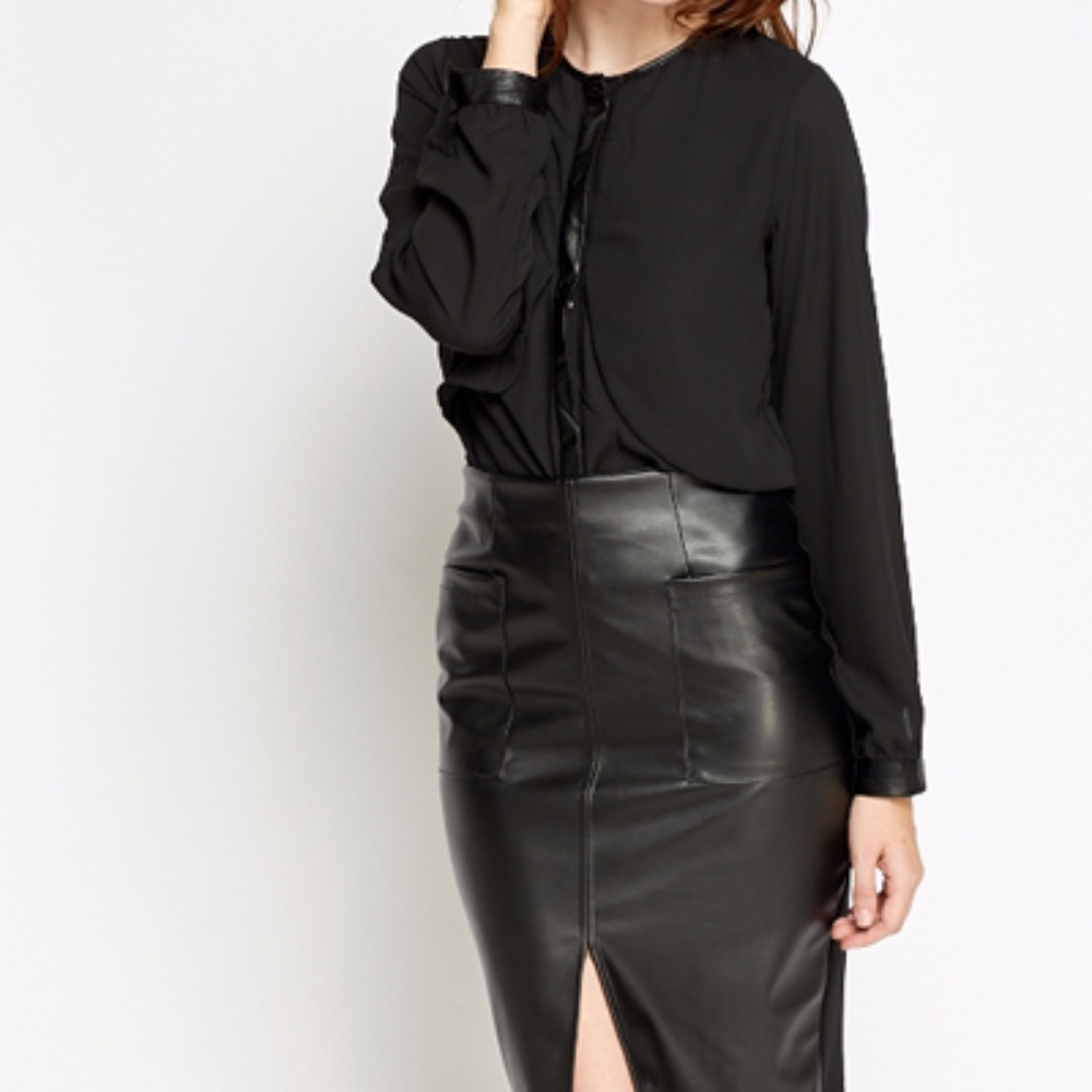 Faux Leather Trim Black Chiffon Blouse