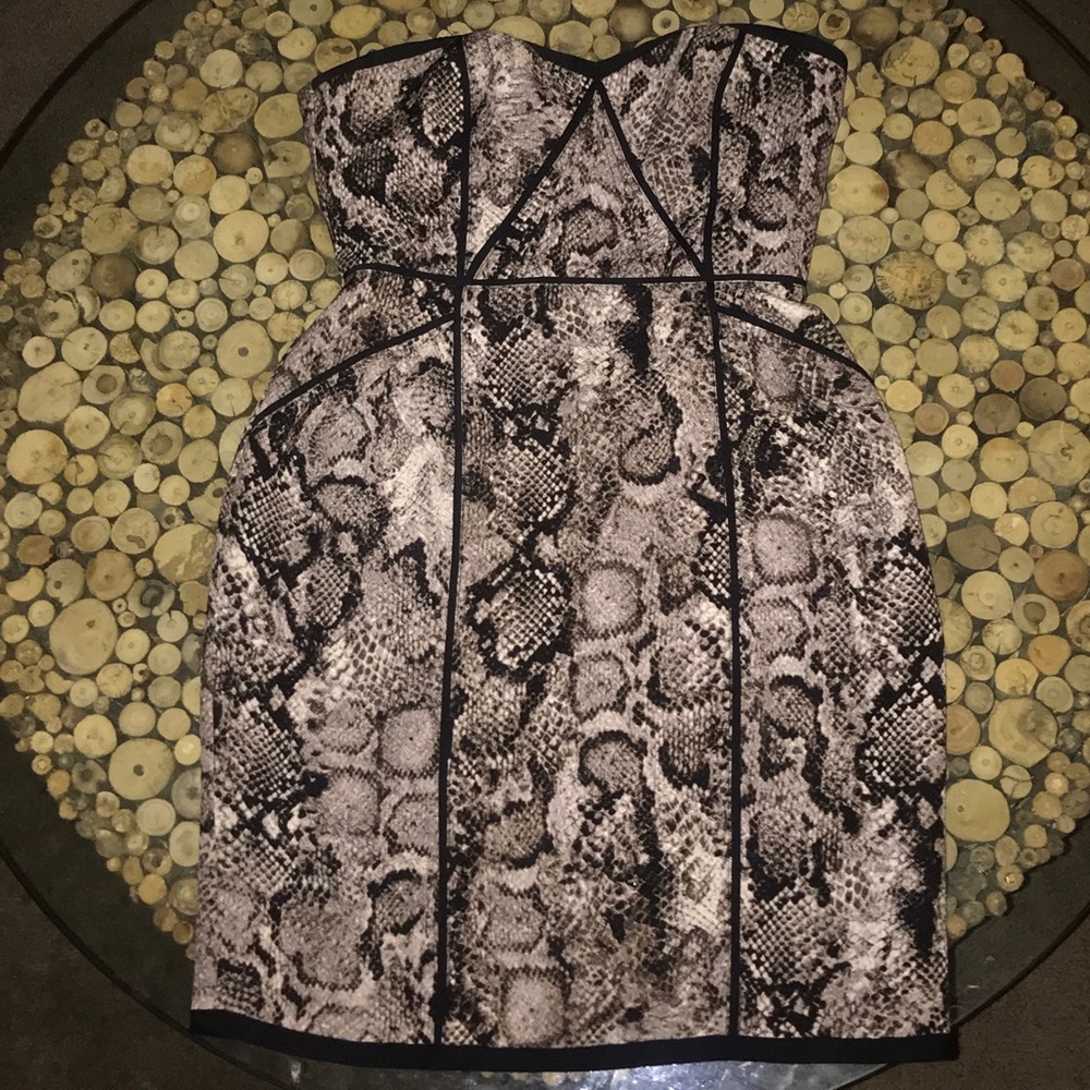BCBG strapless snakeskin printed dress