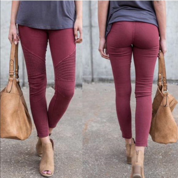 Burgundy Moto Jeggings - Picture 2 of 5