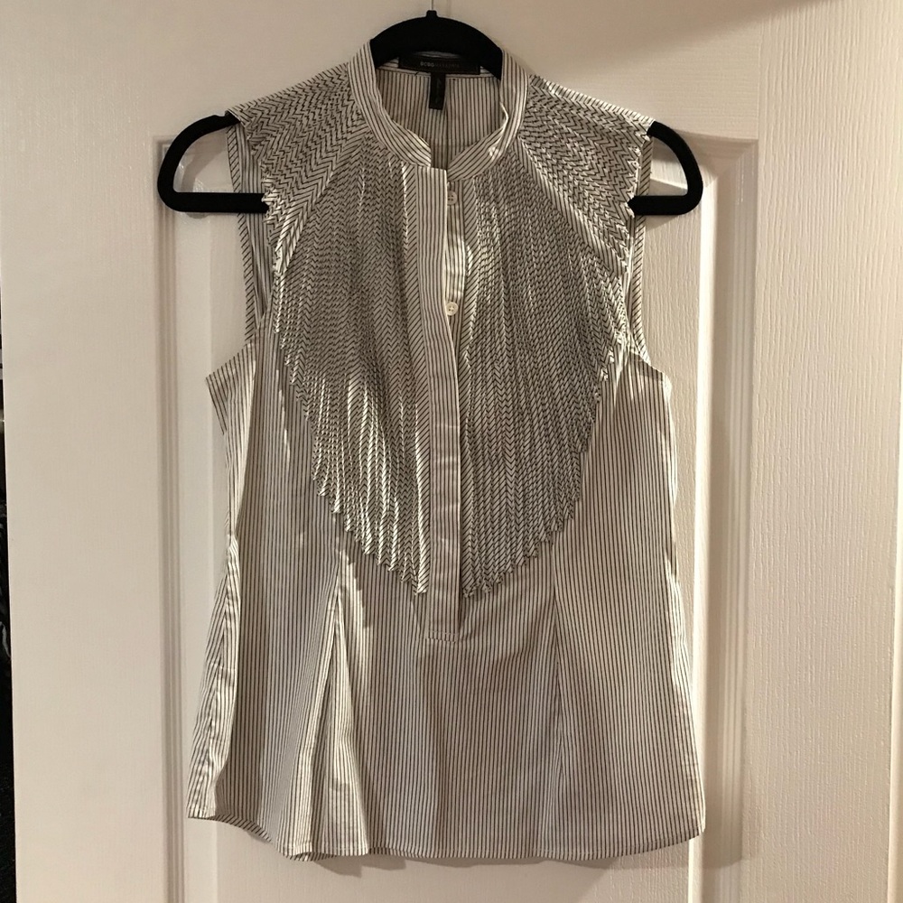 BCBGMaxAzria Ruffle Pinstripe Sleeveless Blouse