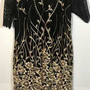 Women Black Lace Sequined Party Midi Dress