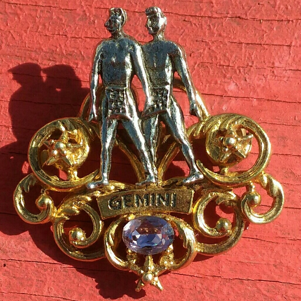 gemini gold purple gem pin brooch