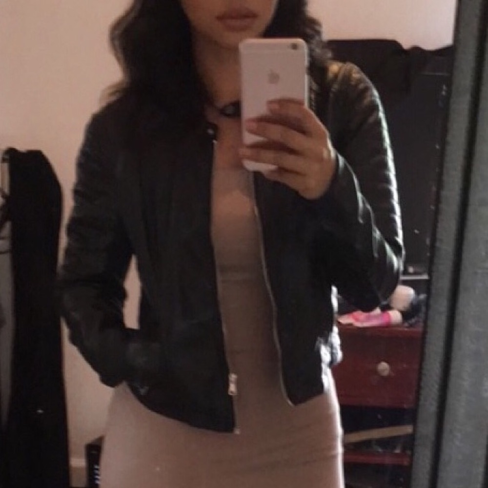 Black collarless faux leather jacket