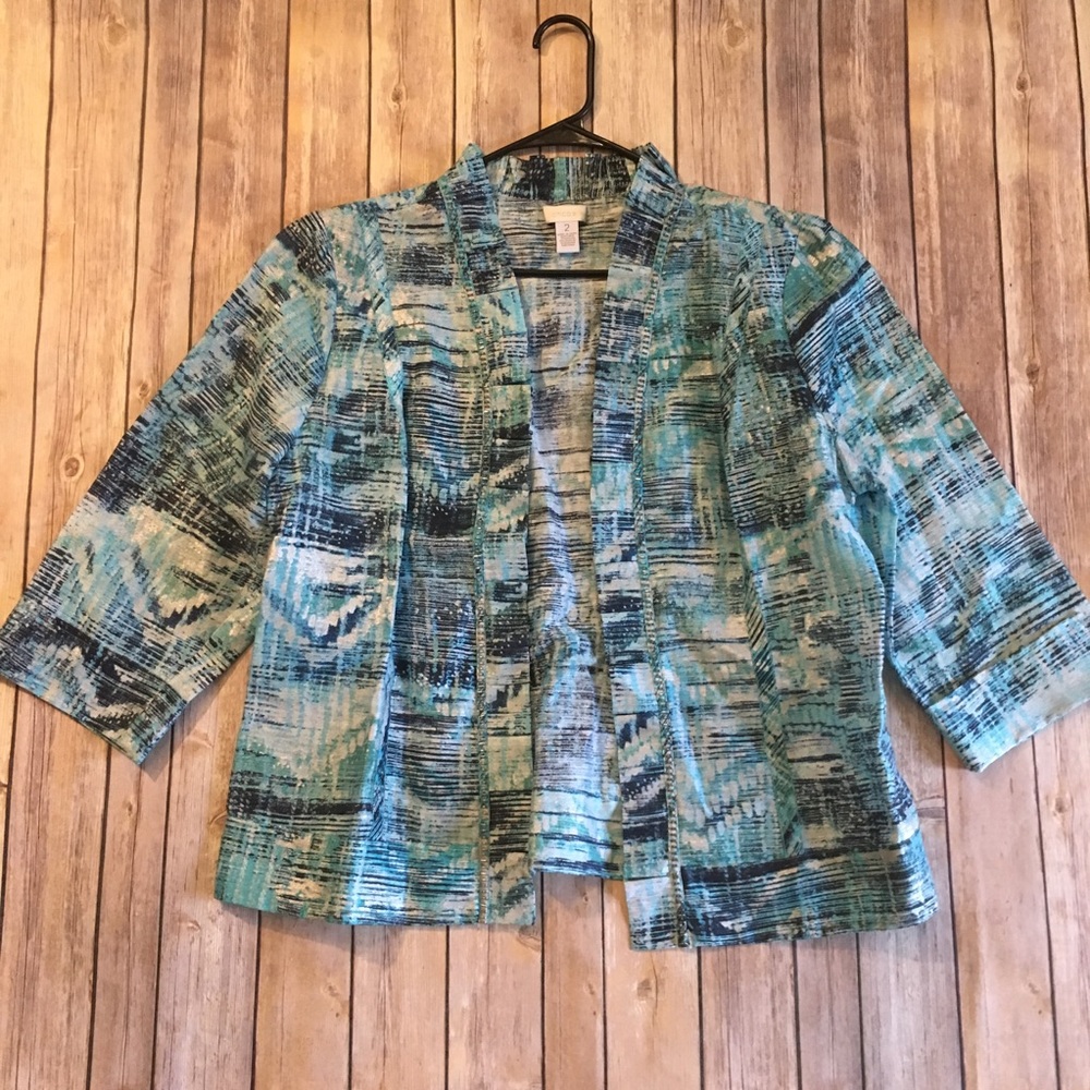 Chicos 2 Linen Blend Printed Jacket Blue