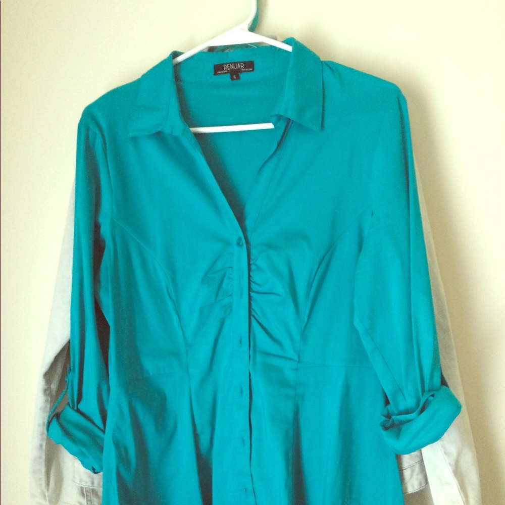 Renuar size 6 fitted button up tunic shirt teal