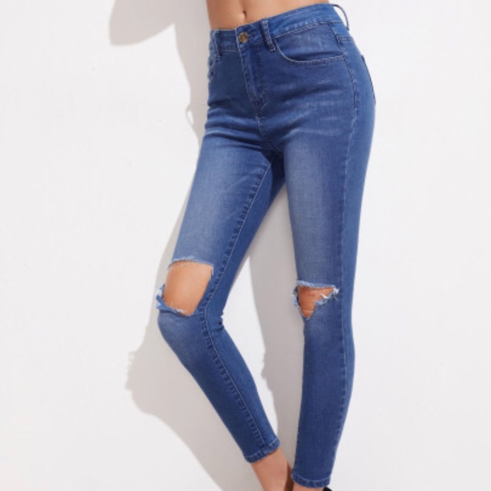 Bleached Washed Knee Ripped Skinny Jeans