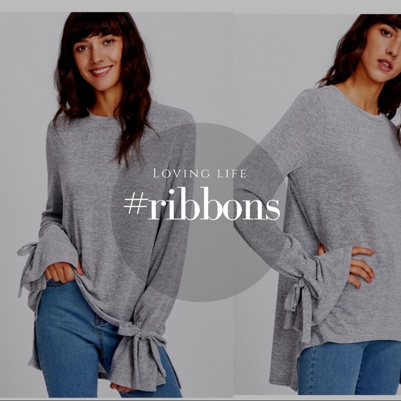 RESERVED GRAY KNIT BELL SLEEVE TIES SWEATER - Picture 4 of 5