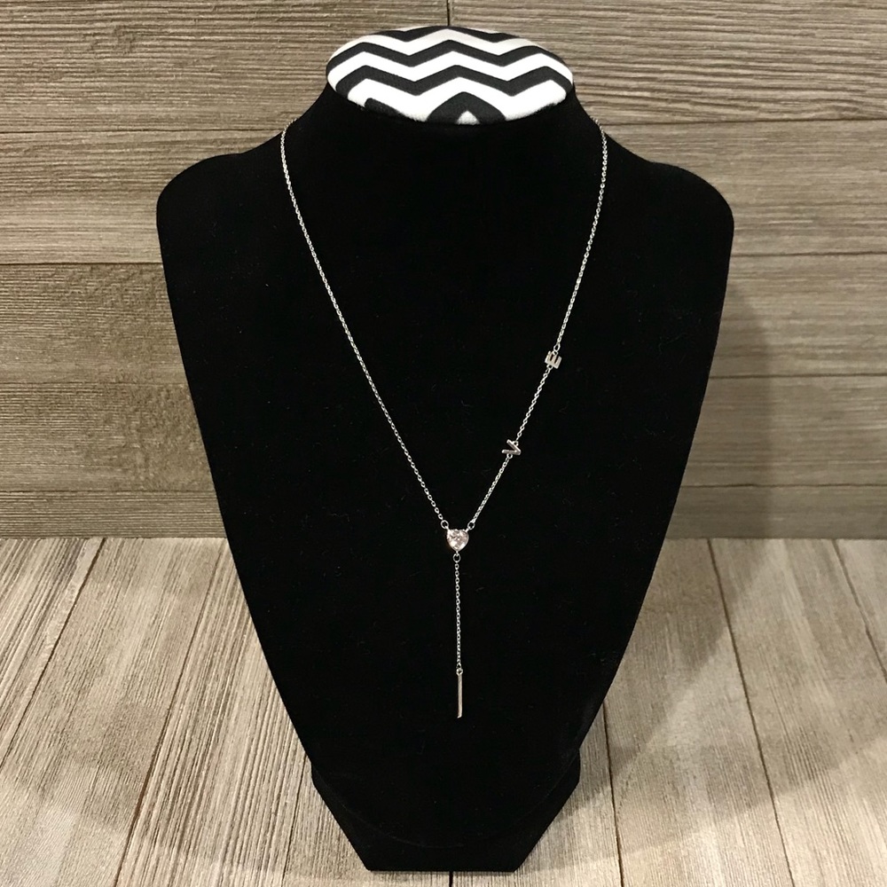 “Love” Drop Necklace with CZ Heart Silver