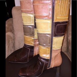 Sz 9 Retro Style Patchwork Wood Look Heeled Boots