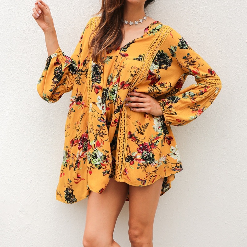 Sexy marigold floral long sleeve casual dress - Picture 3 of 6