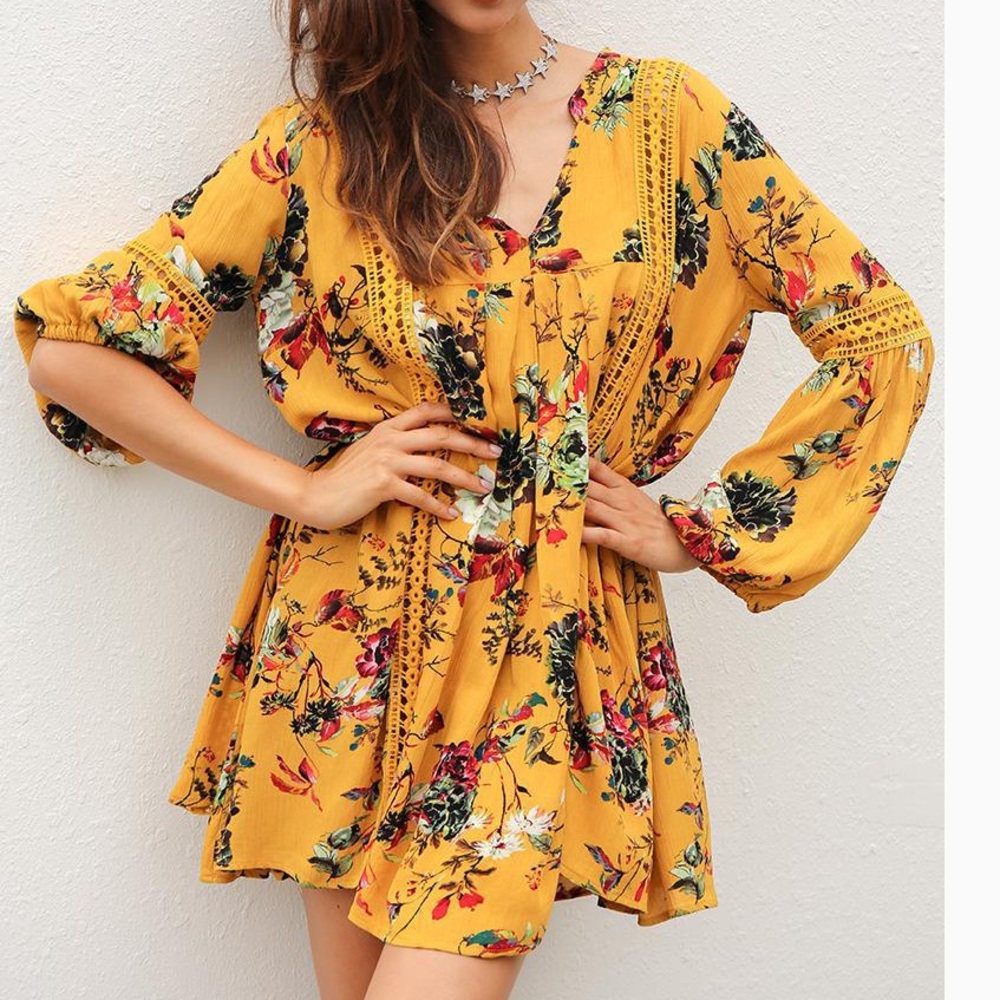 Sexy marigold floral long sleeve casual dress
