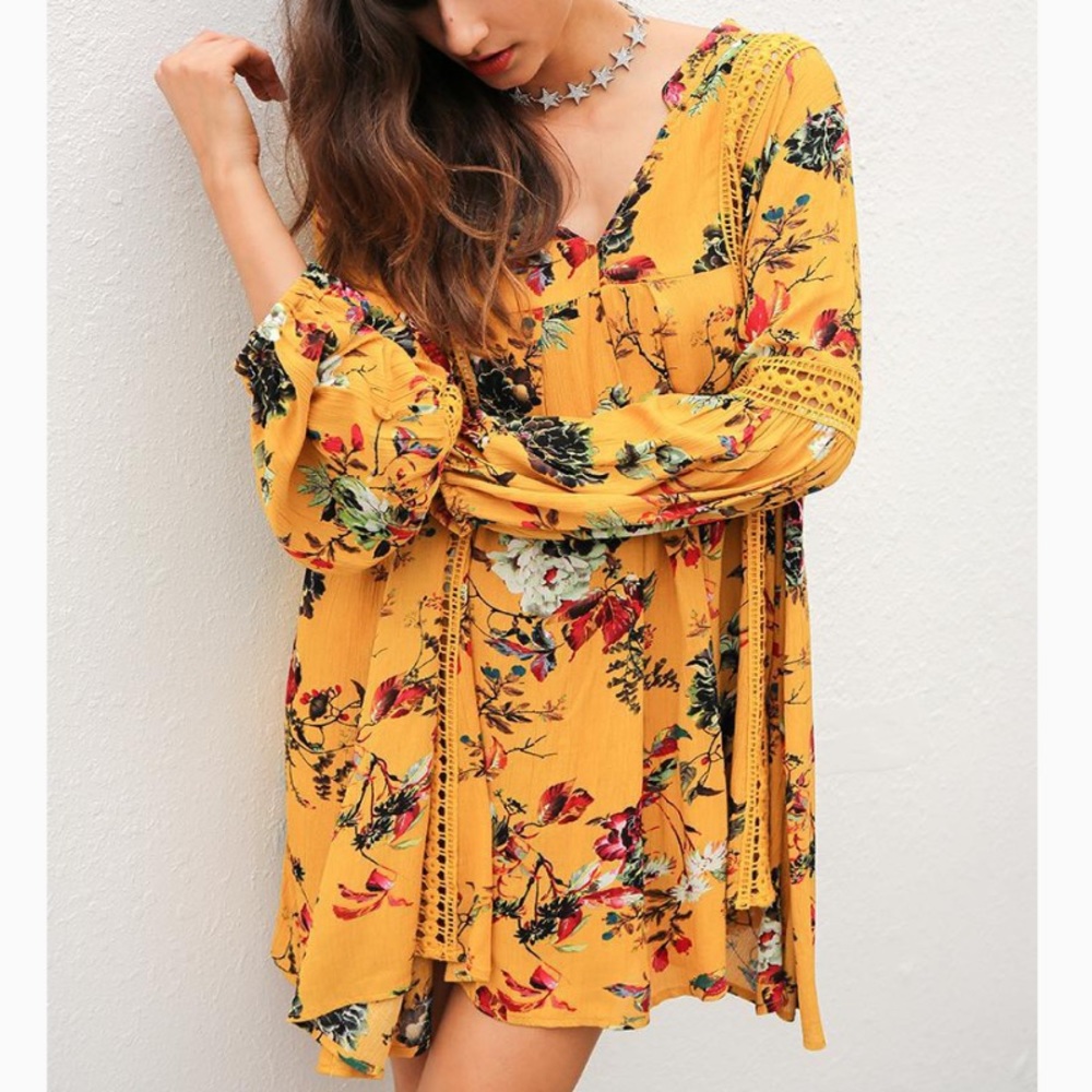 Sexy marigold floral long sleeve casual dress - Picture 2 of 6